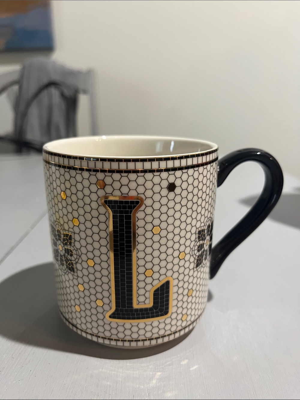 Anthropologie Black and Gold L Monogram Mug